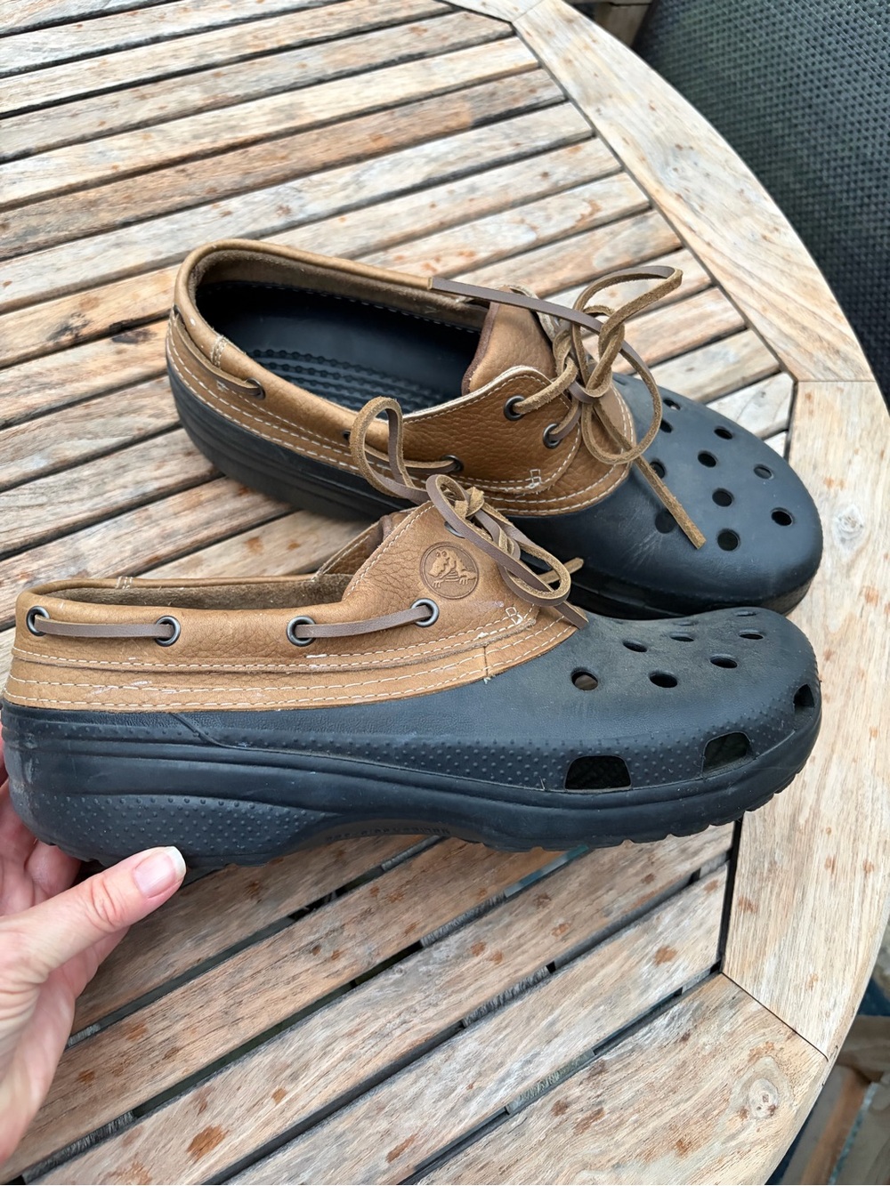 Crocs Men’s Islanders Pitcrew Boat Shoes Clogs Brown Tan Black size 12